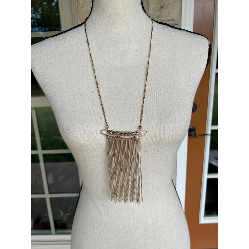 Lydell NYC Gold Tone Long Chain Fringe Tassel Statement Necklace NWT